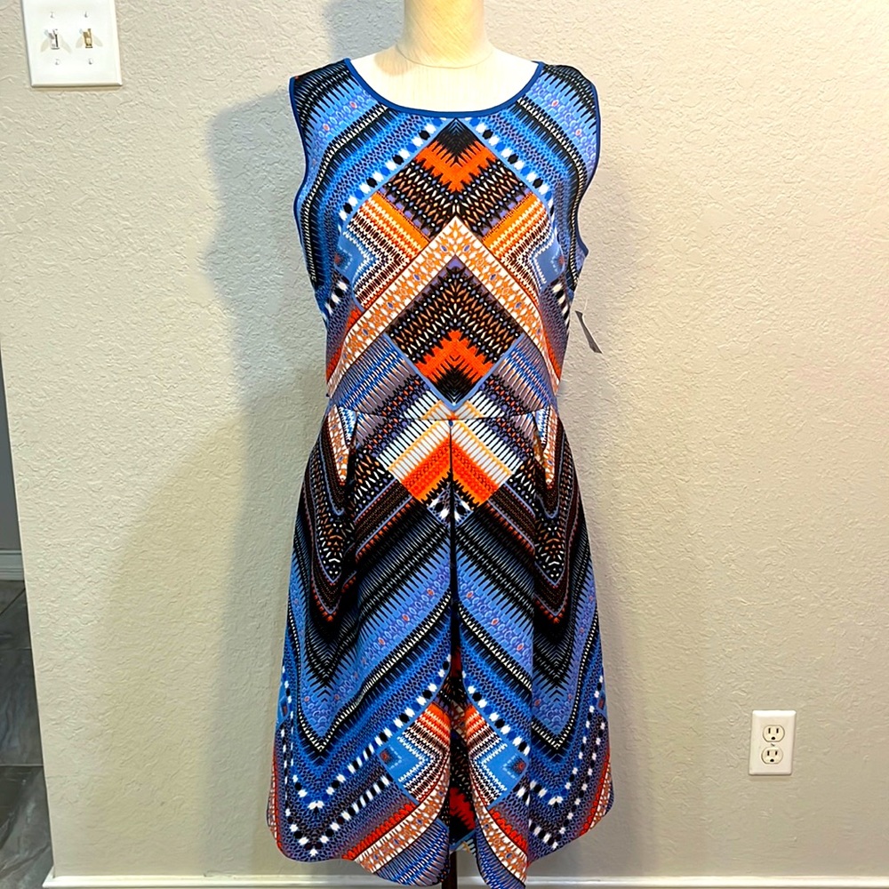 Fun and colorful blue, orange, white and black Liz Claiborne dress